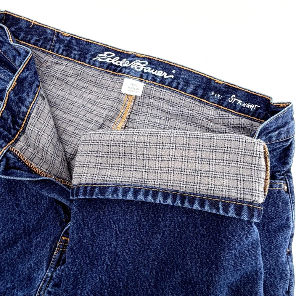 Eddie Bauer Straight Fit Jeans Mens 36x32 Dark Wash Blue Flannel Lined